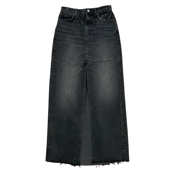 Reformation Tazz Maxi Denim Skirt 25 Liman Charcoal Front Slit Low Rise Distress - Picture 1 of 12
